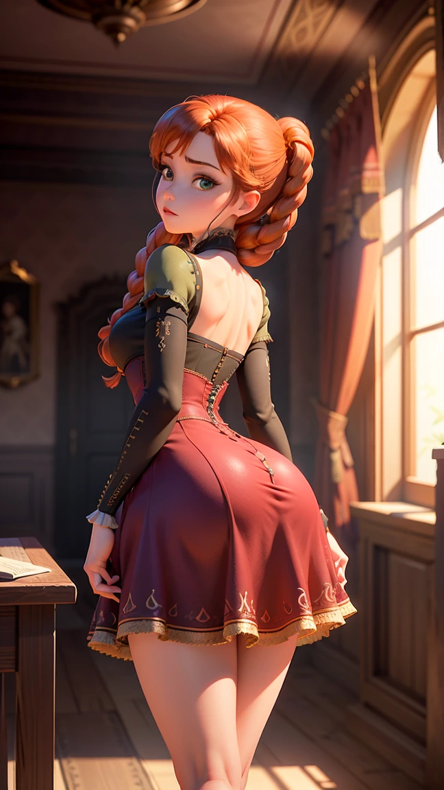 A beautiful, detailed portrait of Anna of Arendelle, a young woman with striking features and a graceful pose, showing her toned glutes, (best quality,4k,8k,highres,masterpiece:1.2),ultra-detailed,(realistic,photorealistic,photo-realistic:1.37),detailed muscles, beautiful eyes, voluminous red hair, intricate dress, natural lighting, fantasy castle background, vibrant colors, cinematic composition, photo from behind,