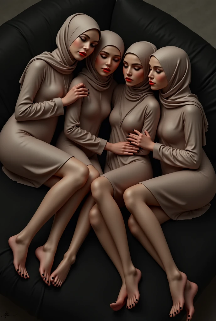 three hijab lesbian girl,lace bra,laying down on bed,sex,wet,lookin to camera.