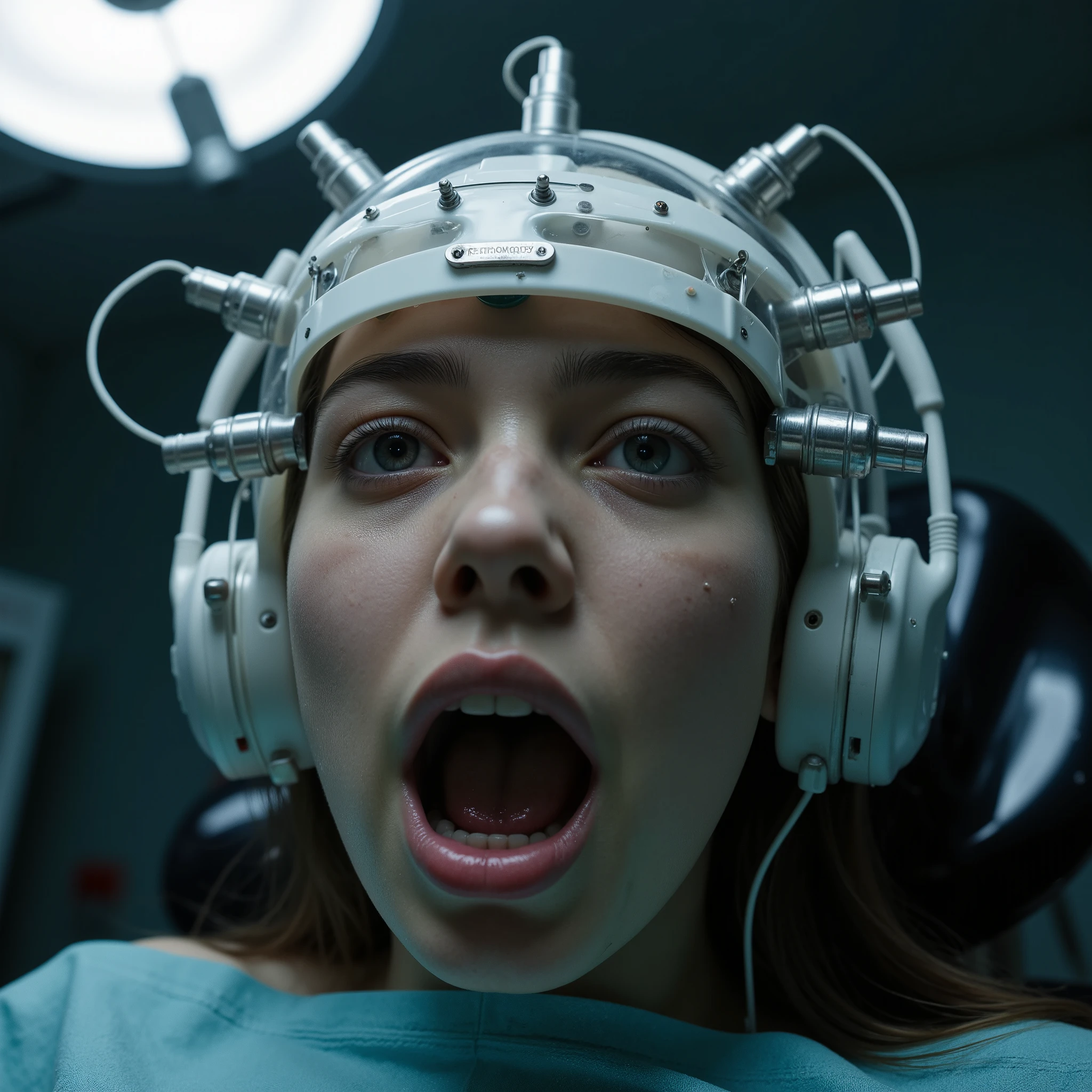 Masterpiece alien abduction and braincontrol photo, photorealistic close up portrait of a young extremely tortured peruvian girl (((((((maximum painful expression, mortal fear and panic, extremely horrified distorted face, open mouth, clenched jaw, painful distorted closed eyes, frown, tears running over face))))))), (((((far advanced technology clear transparent EEG-helmet and transparent plastic robotic electroshock headgear with integrated big metal electrodes, big plugs and thick electric cables in a brutal futuristic style))))), sitting in dentist's chair, ((((bright lighted by white spotlight from an surgical lamp)))), dark laboratory background, (((hyper detailed))), UHD, 32K
