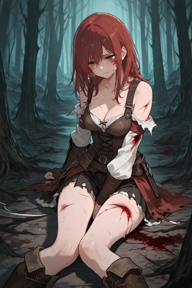 Damsel in distress. Human woman (young 18. red miniskirt (damaged and torn), red fishnet top) is fleeing through the woods crying and scared, werewolf chasing her, forest
