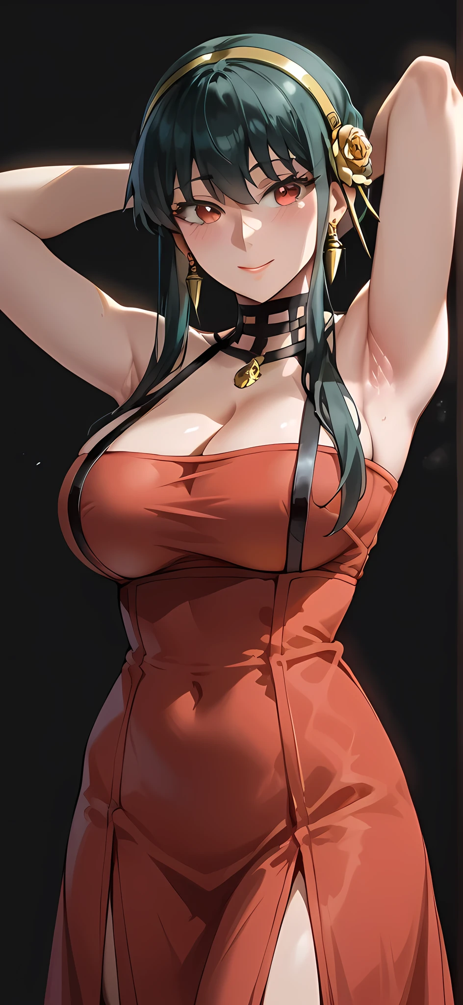 A high resolution picture, masterpiece, amazing quality, best quality, absurdres, very aesthetic, anime coloring, spy x family, official art, yor, 1girl, (yor briar with red eyes, side locks, big breasts), (showing armpits)) (((black background)))(((Glossy skin)))