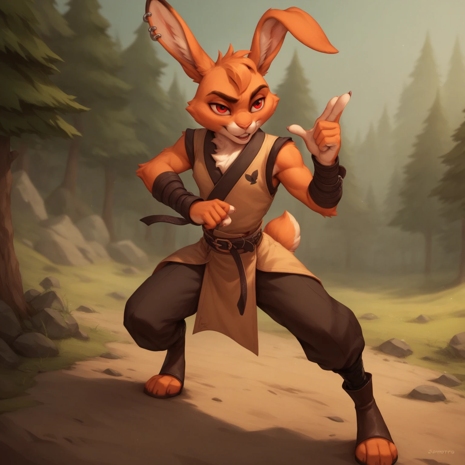 Create Bugs Bunny wearing a D&D adventurer outfit, wielding a sword, discreet smile, arched eyebrow, cunning look.