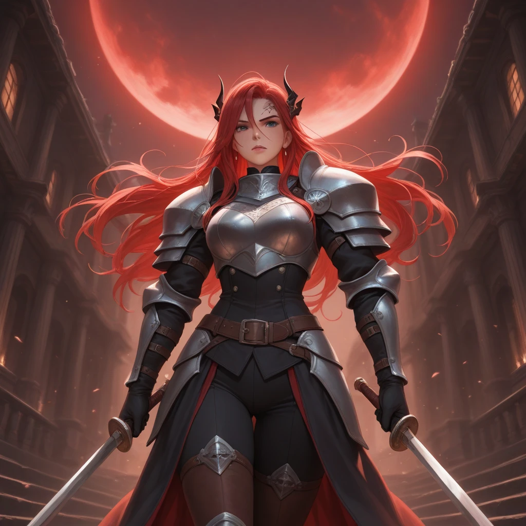 1girl, black armor, fantasy scene, high fantasy, horns, hell knight, detailed background, demon castle, dark sky, red moon, night, brickwork, big hair, sideswept bangs