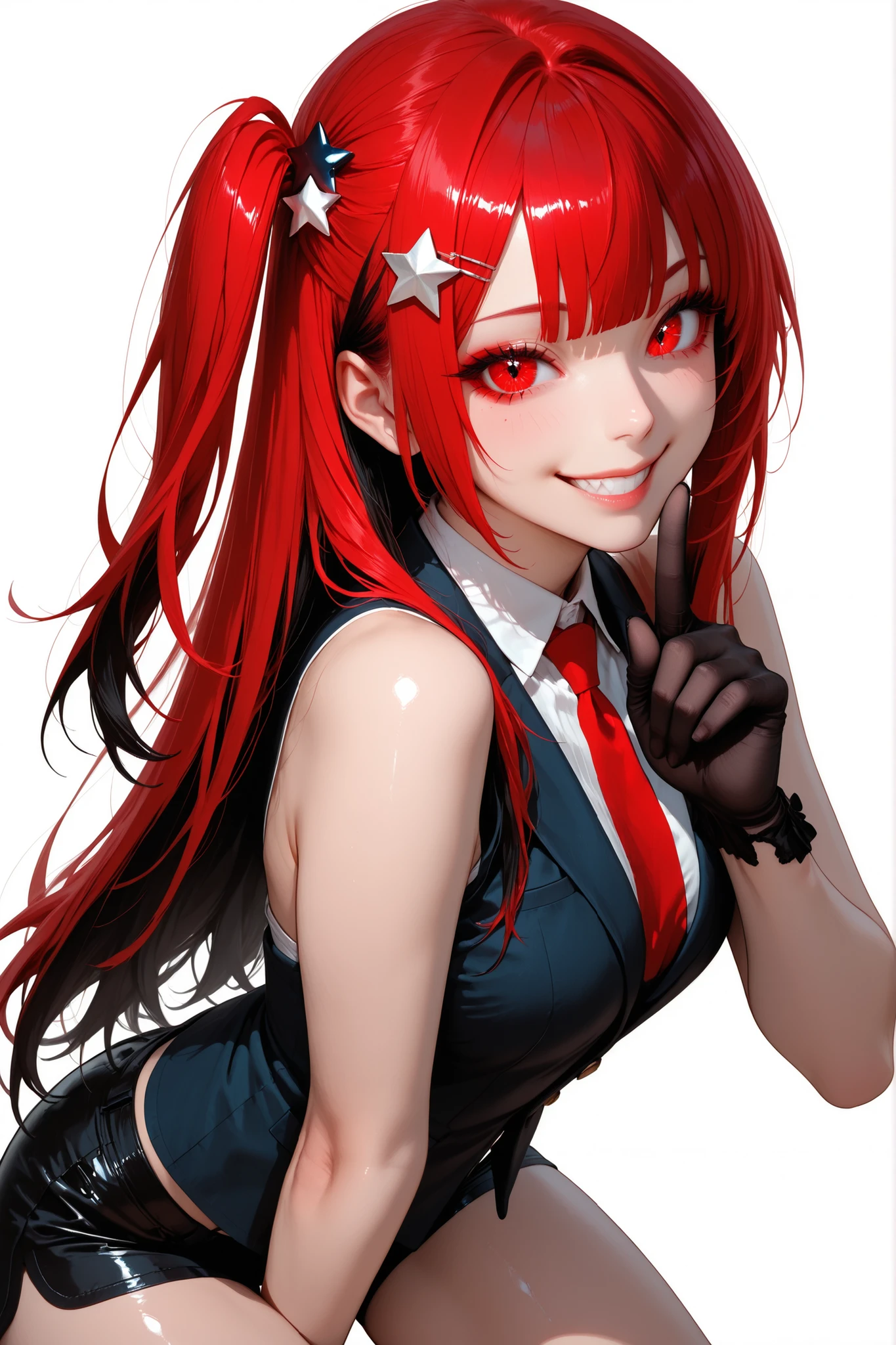 woman、one side up hair、transparent_background、sexy、sleeveless cut and sew、shorts、Red color eyes、Red highlight hair、black color hair、tie、blazer、smile、shiny hair、star shaped hair pin、peace sign、colored_eyelashes、sharp eyes、supright straddle、back、wearing elegant gloves、her index finger extended in a ‘shh’ gesture