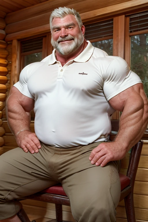 old man, muscle male, on a beach, sunny day, sitting on a bench, legsnopen, wearing hiking boots, wearing a white thong, nice bulge, nicebulge, legs open, soft smile, graying hair, mustache,
