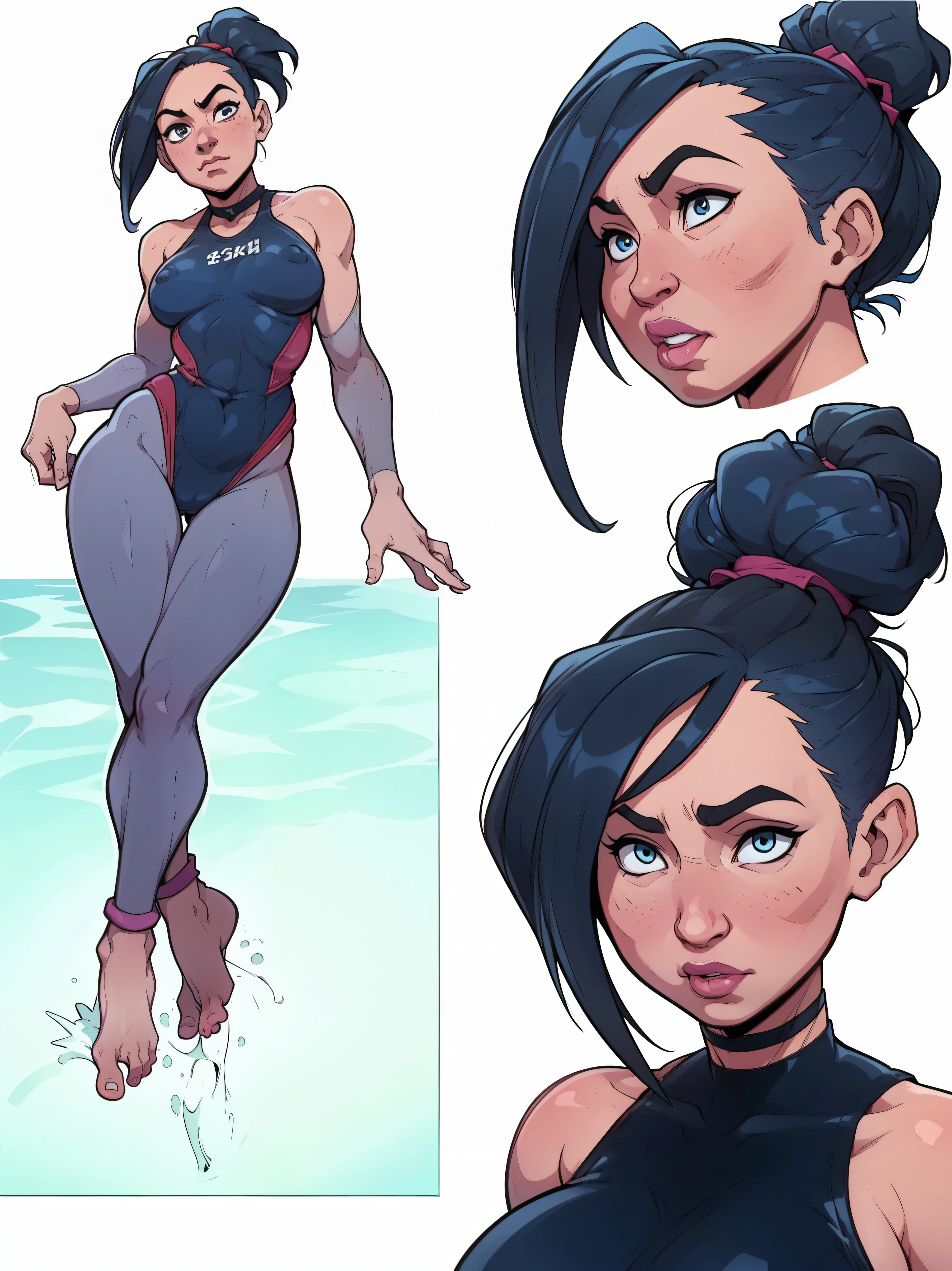 mari, wide hips, black hair, 1girl, cms, (ponytail), k4r3nh41r, exaggerated inflated legs, 4k, highly details, (((tiny breasts))), ((wearing a one piece bathing suit, barefoot)), sensual, 4k, highly detailed face, perfect skin, detailed face, focus on eyes, anatomically correct, ((((reference sheet, simple white background, (multiple views),))))