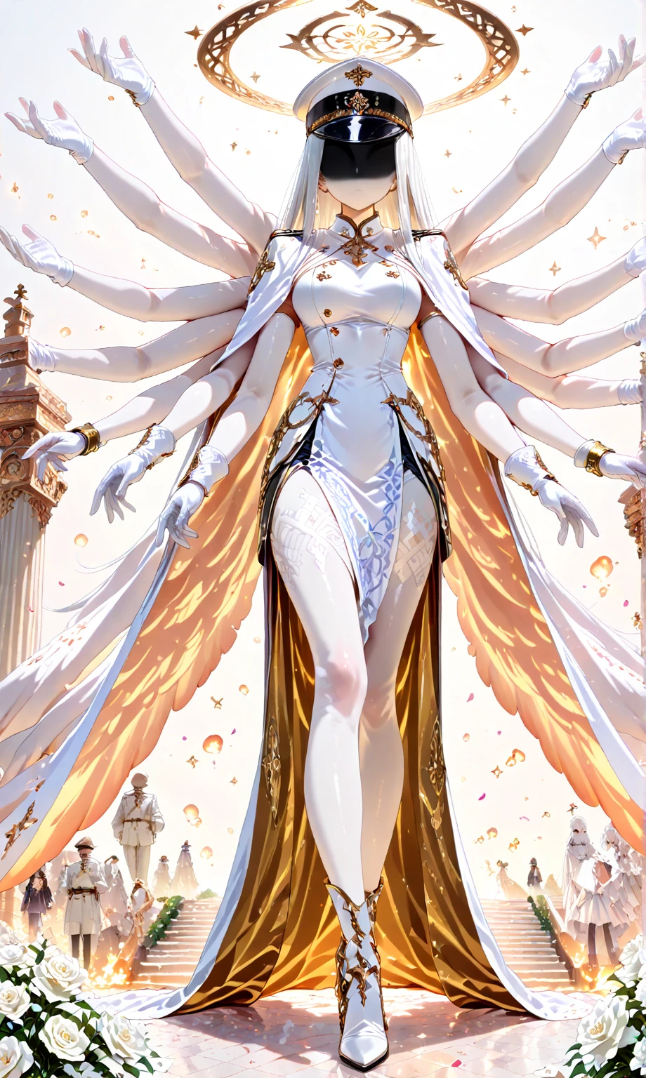 tmasterpiece，Beautiful goddess of the void，fully body pose，Gorgeous clothes with gold patterns，Full body white transparent bikini，Clear silk，Full-body standing，180cm tall，Slender legs，detail in face，Detailed body part details，8k wallpaper