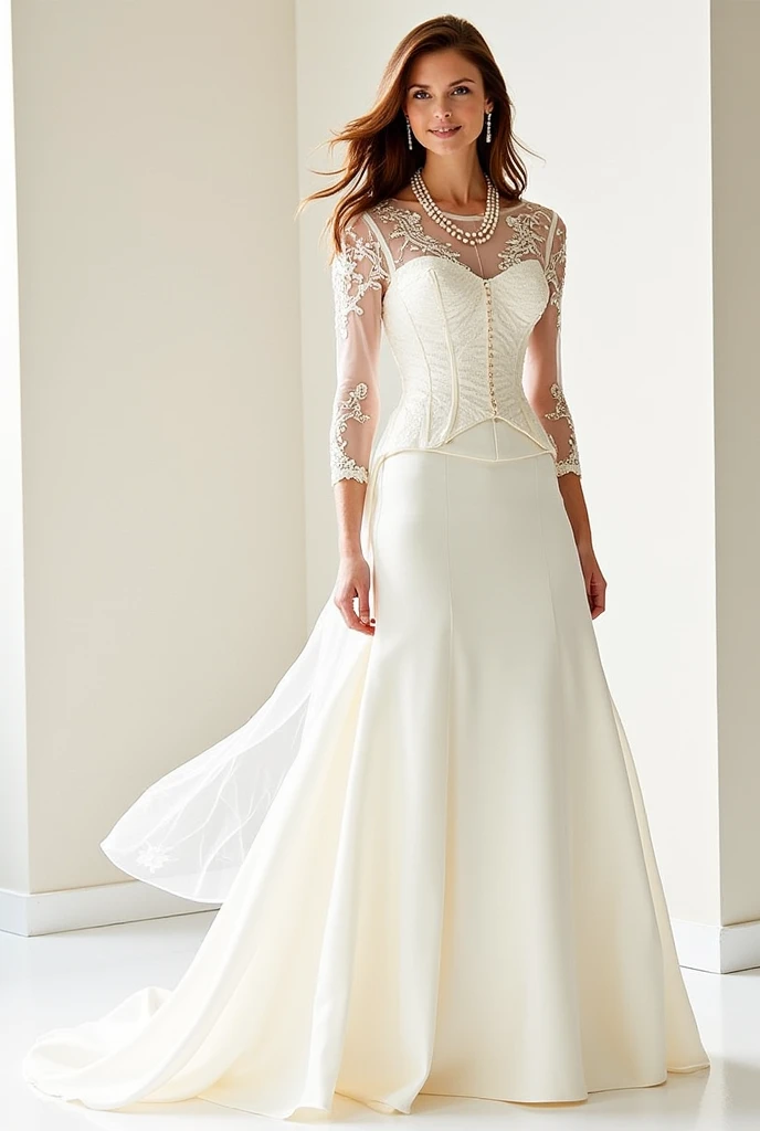 Wedding gown with half sleeves with round neck design but showy boobs
