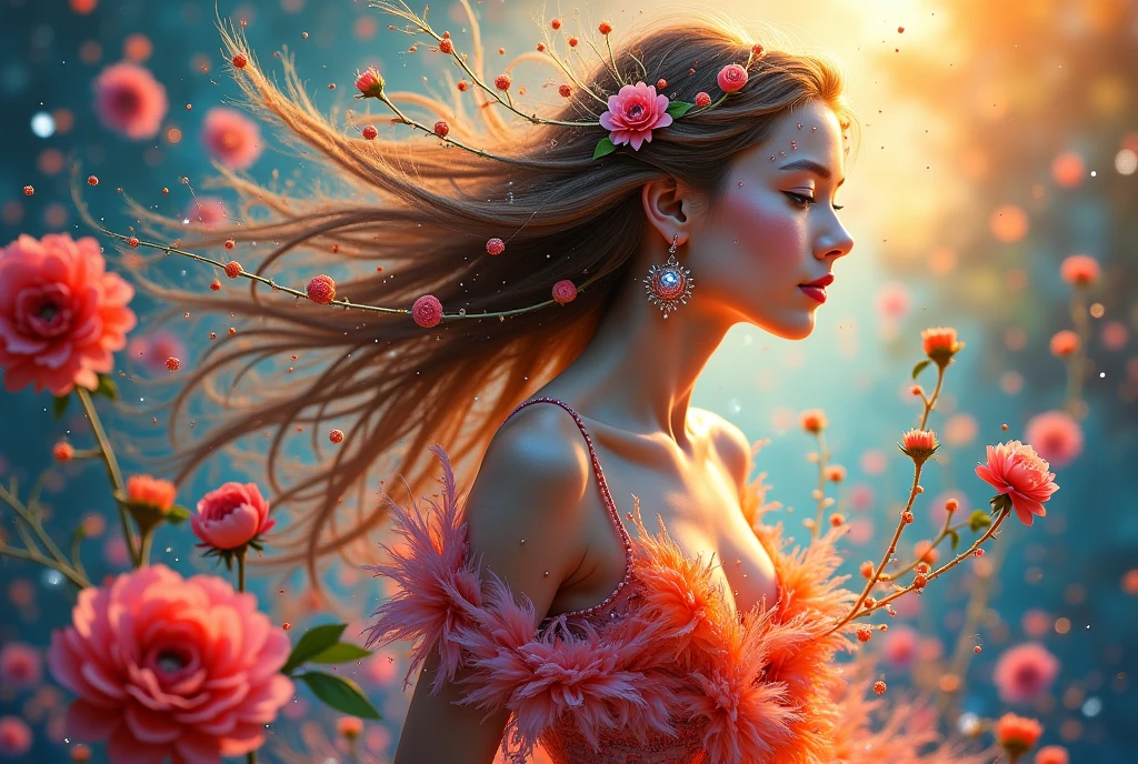 Psychedelic style, Psychedelic style, a beautiful majestic young slim queen with long flowing hair steps importantly on a floor covered with roses under cloud of flowers, a rain of rose petals, soft light, more detail XL, incredibly like live, realism pushing to the extreme, ultra quality, side view, <lora:add-detail-xl:3>, dream, <lora:sdxl_lora_dream:0.65>, Vibrant colors, swirling patterns, abstract forms, surreal, trippy, Vibrant colors, swirling patterns, abstract forms, surreal, trippy