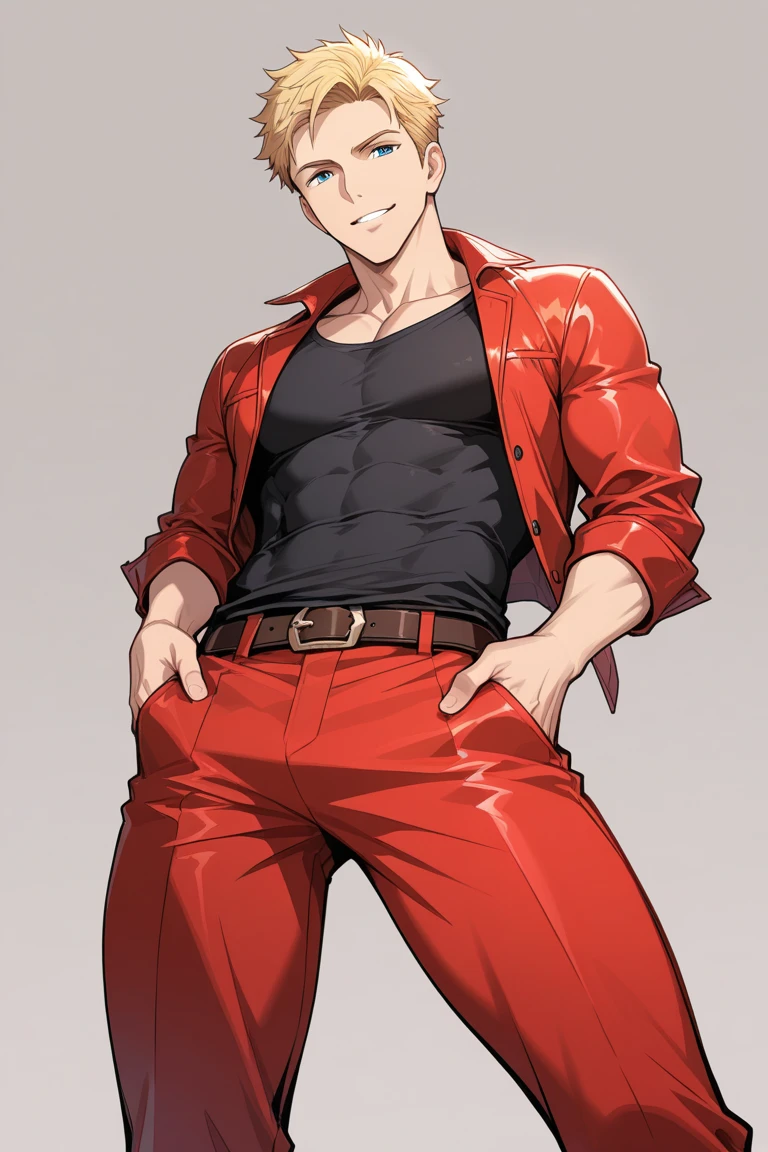 Create an image of a man from a 1, 98 thin but muscular, Caucasian, light blue eyes, semi short blonde hair, shirtless, with red pants, red sneakers and a red cowboy hat, beardless about 2 with anime style, his pants totally red, not so muscular, thin but marked rather, with shorter hair, draw it using the character of YuYu Hakusho, Momotaro