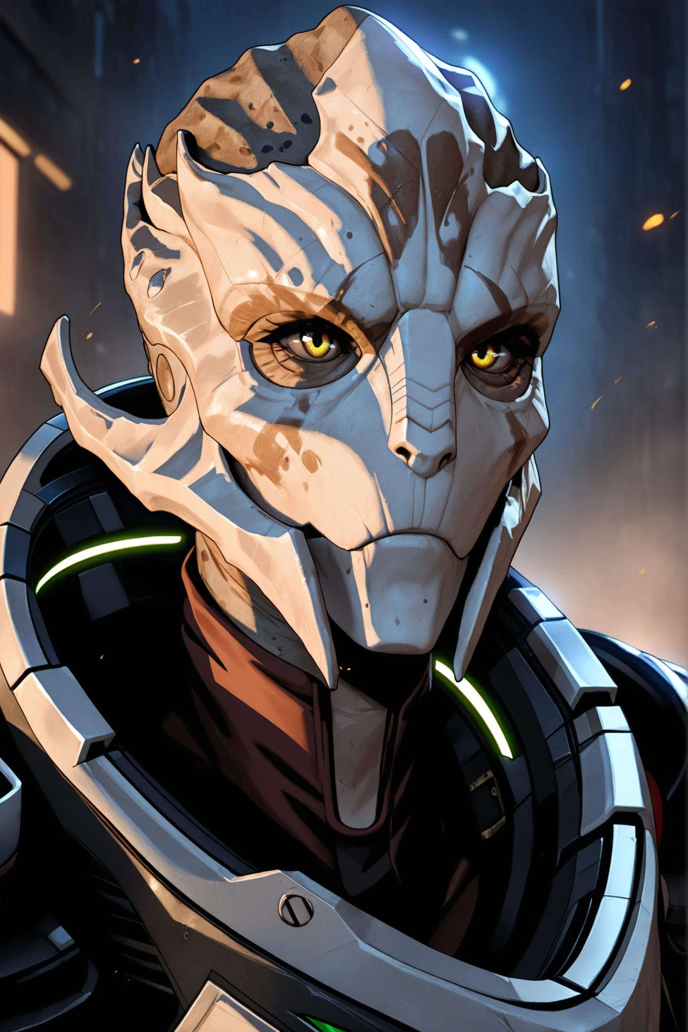((high quality, 4K, high detail)) 1 turian woman, female, armor, dirty white exoskeleton, amber eyes, amber facial paintings (on your forehead , on mandibles), beautiful, alone, mass effect, weaponized