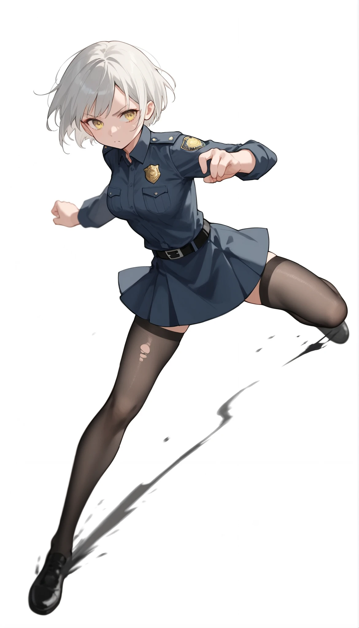score_9, score_8_up, score_7_up, ((masterpiece)), (best quality), 1girl, solo, Simple background,  temptation, delicate face,  Battle Pose , Thomas slalom kick, full body, silver short hair, long sideburn, yellow delicate eyes, Disdainful Eyes, Black Stockings, Damaged black police uniform, medium breasts, style: midjourney, white background,  two-point perspective , Impact footage，motion blur，depth of field, closeup