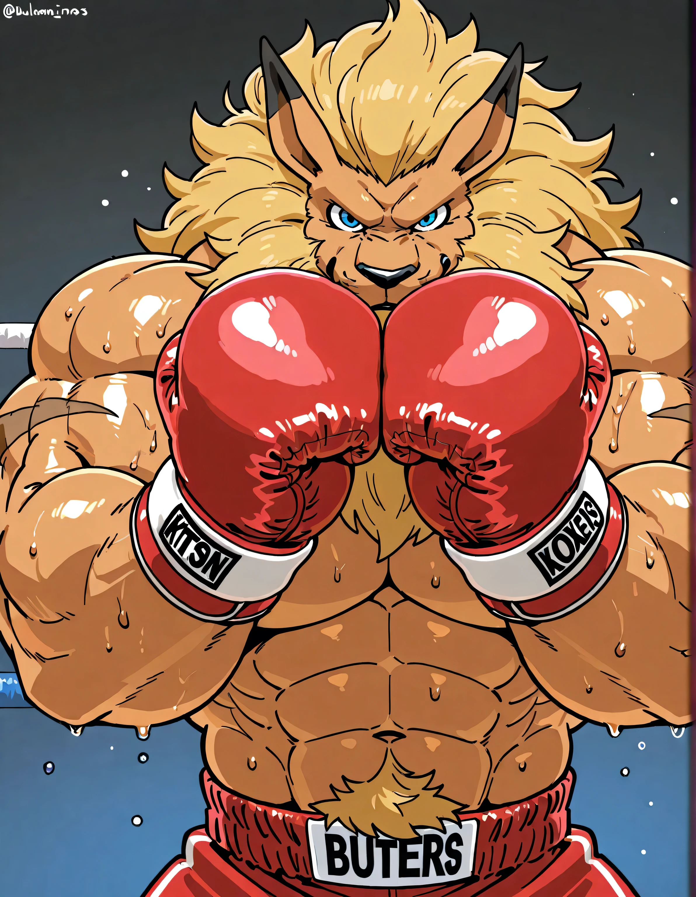 leomon, anthro, blue eyes, furry, solo, lion, male, mane, high quality, simple background, cel shaded, big body, thick arms, muscular, half body, glistening body, looking at viewer, boxing gloves, boxing trunks, stern face, bulging arms, pov_boxing, boxing posture, dynamic pose, fists guarding, boxing guard, face behind fists, sweaty