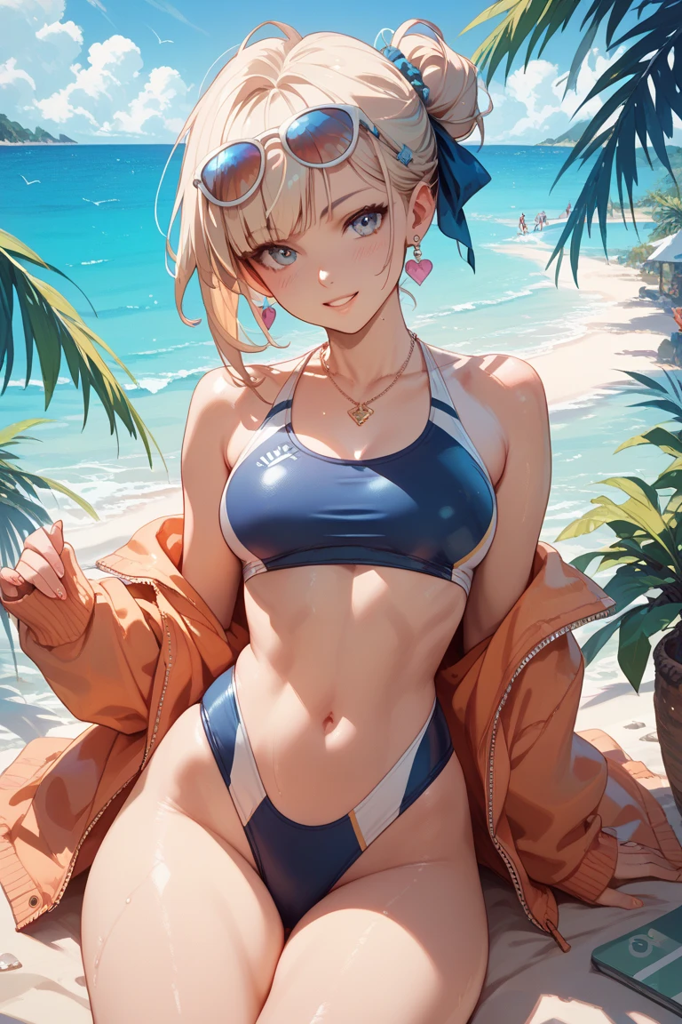 score_9,score_8_up,score_7_up,1girl, long hair, blonde hair, looking at viewer, outdoors, sky, smile, medium breasts, micro bikini, grey eyes, beach, embarrassed, jacket, bara sholder
