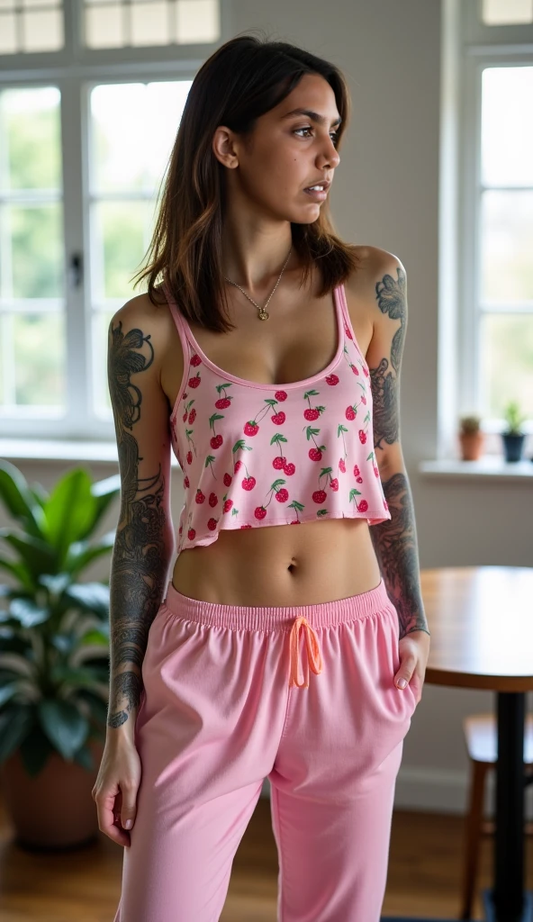 A tight, beautiful, light pink children's sleeping set, with some small strawberries drawn on it. Realistic, with a little shadow.