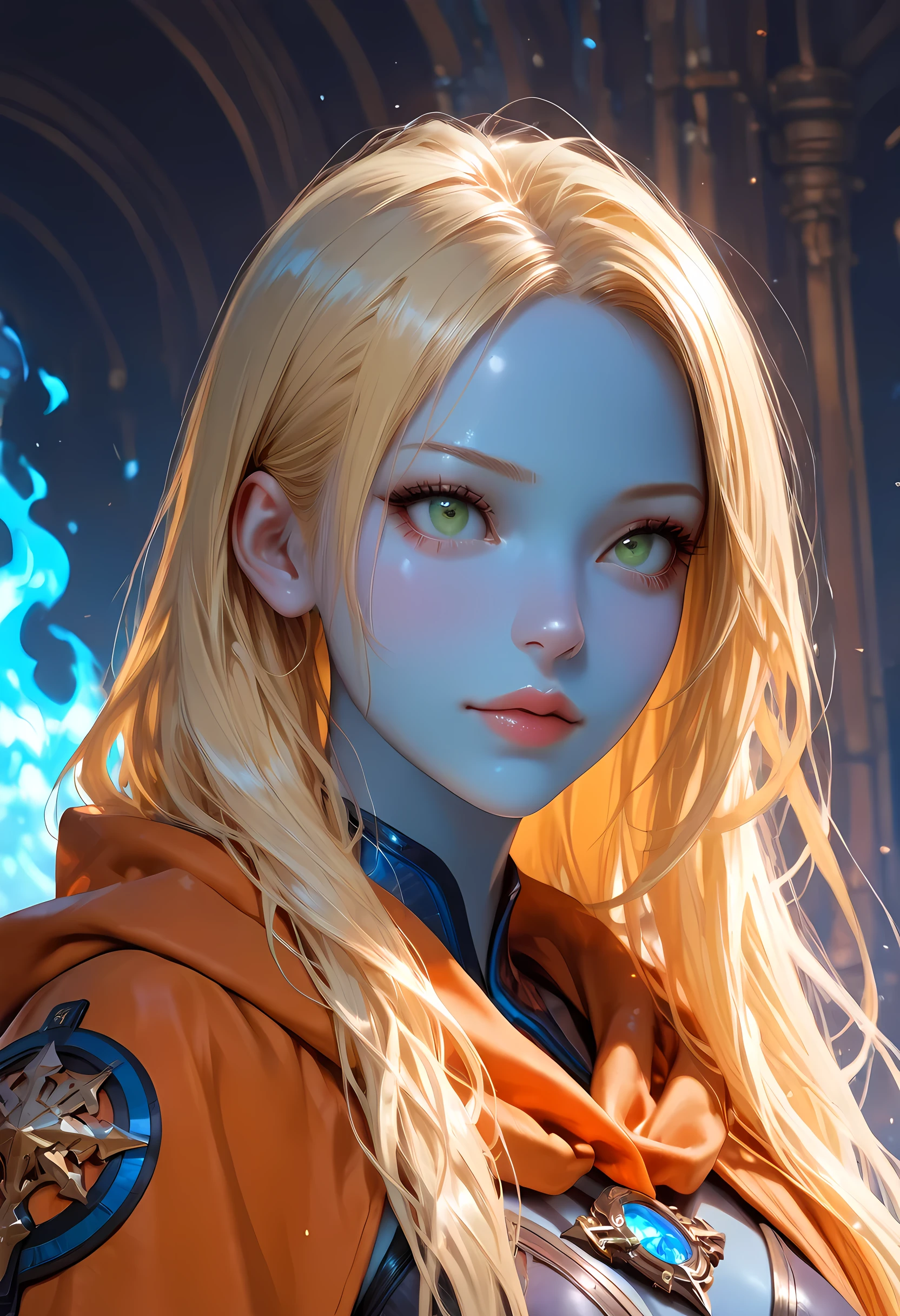 portrait a female ((blue skin: 1.5)), intense details facial details, exquisite beauty, cleric, ((cobalt blue skin: 1.5)) female, ((yellow hair: 1.5)), long hair, (((no ears: 1.5))), (green eyes: 1.3), armed with a fiery sword red fire, wearing (twilight priestly combat vestments: 1.5), wearing high heeled laced boots, wearing an (orange cloak:1.3), wearing glowing holy symbol, fantasy art, dnd art, RPG art, wide shot, (masterpiece: 1.4)  intense details, highly detailed, photorealistic, best quality, highres,  within fantasy temple background, reflection light, high details, best quality, 16k, [ultra detailed], masterpiece, best quality, (extremely detailed), close up, ultra wide shot, photorealistic, RAW, fantasy art, dnd art, fantasy art, realistic art,((best quality)), ((masterpiece)), (detailed), perfect face, fantasy, Cinematic Shot Cinematic Shot, fantasy, LOAsuccXL, fantasy
