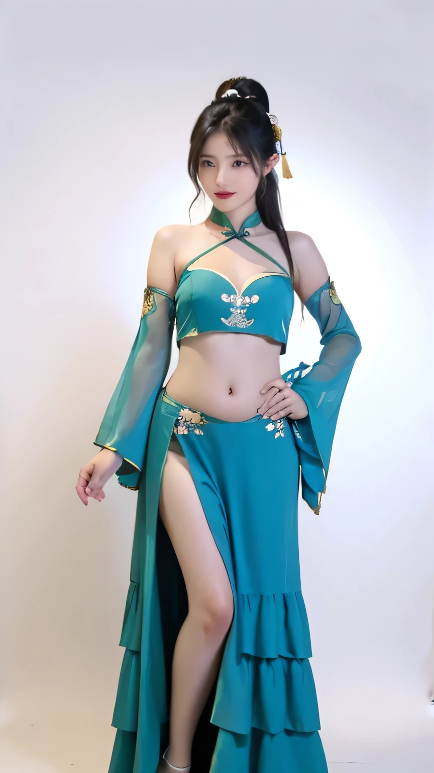 beauty,sexy,cute,Chinese costume girl(The layers of clothing are full of details,belly button),Fleshy and plump,Cultivation style,full body,sexy站立姿势,white studio background