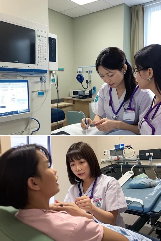 A patient and a laser machine and a female dermatologist who perform laser on patient in good environment