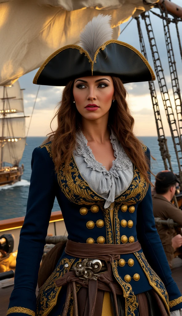 score_9, score_8_up, score_7_up, 1girl (medium full shot) of (vivacious young woman:1.1) pirate spanish with wavy black hair, dark brown eyes, olive skin, slender, wearing Indigo coat with intricate brocade, breeches, tricorn hat with a peacock feather, bare feet, black fabric eyepatch, ,heart hands, crouching down, happy, in crowded deck of a merchant ship or warship, with sailors and soldiers bustling about their duties, as well as with opportunities for boarding actions, prize captures, and naval engagements against enemy vessels , at sunset Masterpiece,best quality, photorealistic, amazing quality, very aesthetic, extremely detailed face,