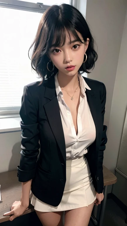 absurdres, RAW photo, extremely delicate and beautiful, masterpiece, Best Quality, ultra high resolution, 16k, hyperrealistic, ultra-detailed, (perfect anatomy), super Detailed skin, perfect figure, Very detailed CG 8k wallpaper, in her 20s, very Slim body, narrow waist, very small head, very small face, delicate facial features, tearful mole, earring, thin legs, (very huge round breasts), (full body shot), short medium hair, (skirt suit), formal jacket, blouse,