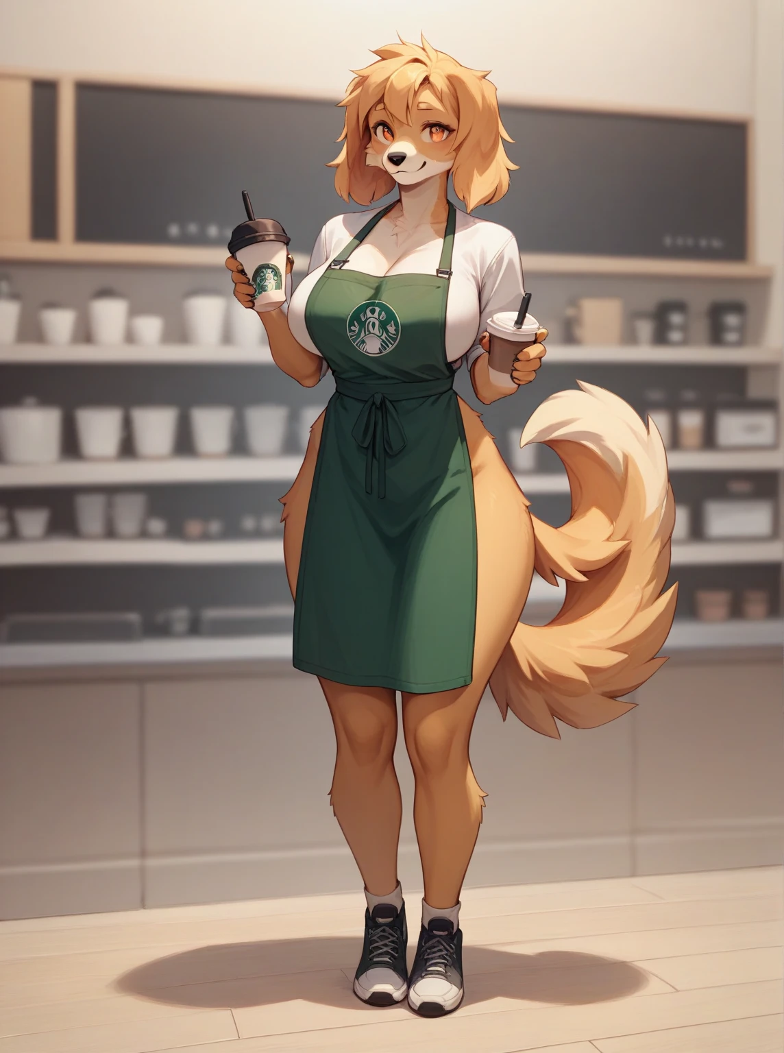 Solo, female, (((by bebebebebe))), standing, shiba inu, brown eye, huge breasts, in a cafe, day, dramatic lighting, (((only wearing a green apron and a black cap))), ((nipple outline)), wide hips, thicc, starbucks, ((thicc thighs)), (((very very horny))), barista,