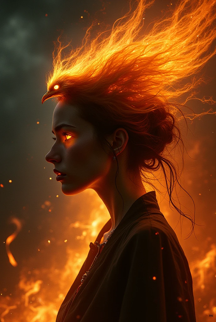 A dark and ethereal scene depicting a woman with an otherworldly aura, its profile shines dimly against the background of a storm of swirling flames. His face is partially enveloped in flames, with an eye radiating a fiery golden light, } The colors are dominated by shades of black. Emerging from her hair, a spectral phoenix with a glow, A threatening look, sharp eyes, a slender beak and wings that loom in a threatening manner, its shape blending perfectly into the swirling fiery flames that surround it. The atmosphere is enchanting and intense, evoking a sense of raw power, mystery, and from a supernatural terror. The colors are dominated by shades of orange, YELLOW, And blood red, with an eye radiating a fiery golden light. evoking a sense of raw power, illuminated by distant lightning, completing this dark fantasy portrait.