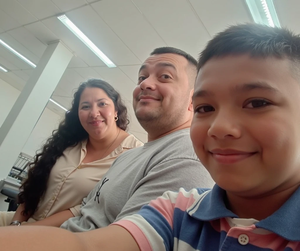 there are two adults and a child posing for a photo, of Nándor Katona, happy family, in Maceió, husband wife and son, in a mall, realistic photo,