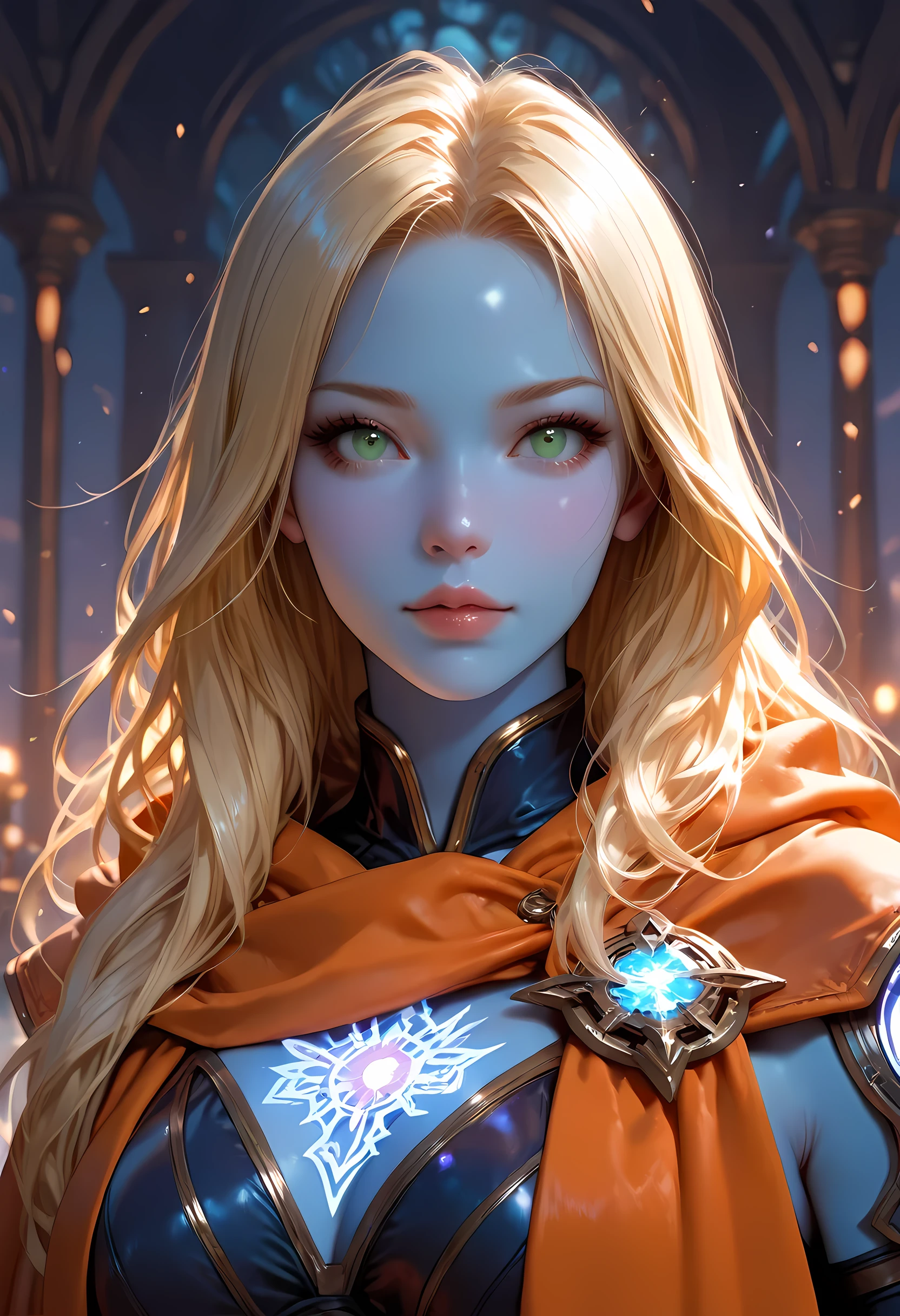 portrait a female ((blue skin: 1.5)), intense details facial details, exquisite beauty, cleric, ((dark blue skin: 1.5)) female, ((yellow hair: 1.5)), long hair, (((no ears: 1.5))), (green eyes: 1.3), armed with a fiery sword red fire, wearing (twilight priestly combat vestments: 1.5), wearing high heeled laced boots, wearing an (orange cloak:1.3), wearing glowing holy symbol, fantasy art, dnd art, RPG art, wide shot, (masterpiece: 1.4)  intense details, highly detailed, photorealistic, best quality, highres,  within fantasy temple background, reflection light, high details, best quality, 16k, [ultra detailed], masterpiece, best quality, (extremely detailed), close up, ultra wide shot, photorealistic, RAW, fantasy art, dnd art, fantasy art, realistic art,((best quality)), ((masterpiece)), (detailed), perfect face, fantasy, Cinematic Shot Cinematic Shot, fantasy, LOAsuccXL, fantasy
