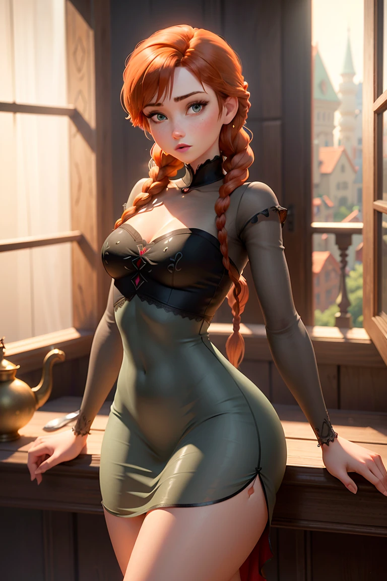 score_9,score_8_up,score_7_up,score_6_up,score_5_up,score_4_up,1girl, (anna frozen, twin braids), cute smile, freckles,black shirt, black tight pants, breast focus, big breasts, in dark room, dynamic angle
