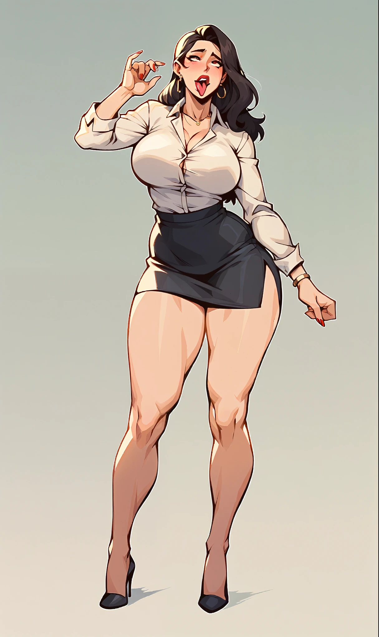1girl, large breasts, thick thighs, wide hips, sexy office lady , ahegao, full body, before climax, high heels, 