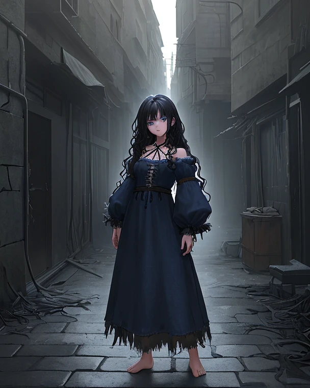 (High quality, High resolution, Fine details), night, (dark horror:1.2), (Dark corridor of an abandoned house), light blue dress, Standing in the distance, solo, women, glowing yellow eyes, (Detailed eyes:1.2), grin, Full body image, (Dark tones:1.2), (Dark atmosphere:1.2), shallow depth of field
