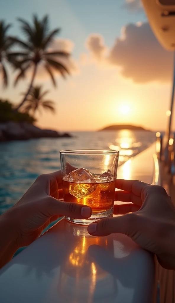 A captivating image showcasing a hand holding a drink, raised in a toasting gesture against the backdrop of the vast sea. The silhouette of the person, the glimmering water, and the setting sun create a serene and celebratory atmosphere. Captured with a warm and golden-hued lens during the enchanting moments of a sea voyage, using a radiant and nostalgic film to emphasize the beauty of the toast at sea, masterpiece, high quality, 8k, 150 mm, -imagine --auto --s2