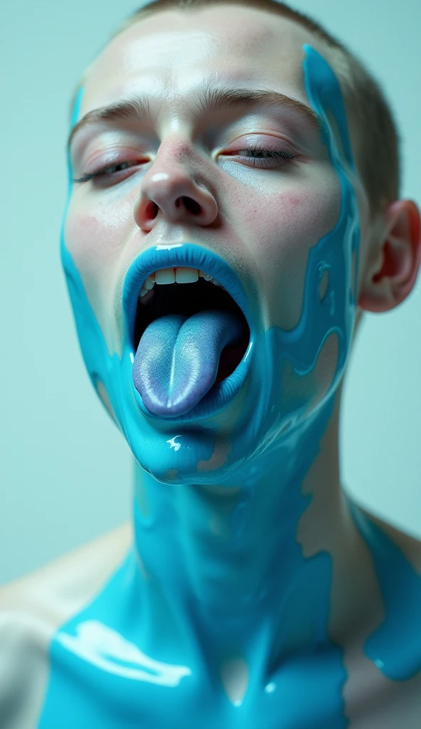 half-body shot of ohwx woman covered in semen, sticky white fluids,staring to the side with horny expression, nude upper body, crossed arms, light and shadow play, minimalist background,smooth texture, sculptural and avant-garde art style, inspired by cindy sherman,blushed cheeks, open mouth, mouth dripping cum,semen dripping from mouth, semen on hair