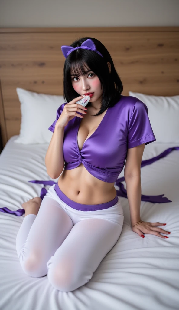 ((Highest quality, 8K, Tabletop: 1.3)),{{Tabletop}},figure,Highest quality,the Extremely Detailed CG Unity 8K Wallpapers,One Girl_一人in,full_body,from_Downに,look up_in_Audience,look up_Down,(White Pantyhose:1.3),(No shoes:1.3),bed,Purple hair,Twin tails,露出したDown着,window,hair_ribbon,Strong Rim Light,Camel Toe,