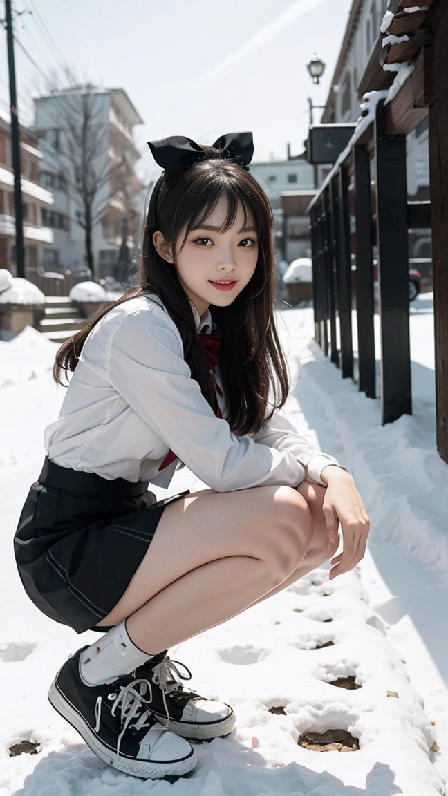The cutest girl who works as a gravure idol is in the snow、with shiny brown hair、She is wearing a down jacket, a tight white miniskirt, black pantyhose, and long white boots, making her look captivating.。She smiled confidently.、Facing the camera in a professional pose。her fashion and expressions、A perfect balance between cuteness and elegance、It draws the viewer in and doesn't let go.。Through this scene、Express her charm to the fullest