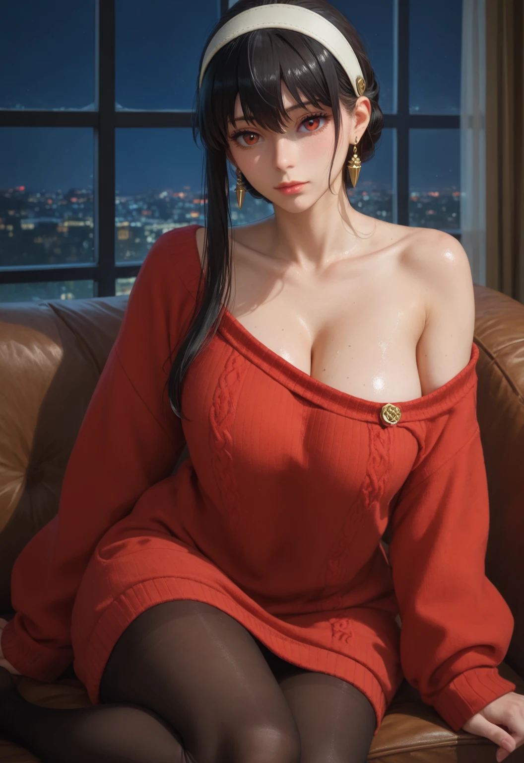 (masterpiece, Highest quality:1.3), (Super detailed:1.4),(Super detailed顔:1.2),(Super detailed目:1.2), (hyperRealistic:1.3), (RAW Photos:1.2), High-definition RAW color photos, Professional photos, (PhotoRealistic:1.4), (Realistic:1.4),8k,Professional Lighting, Perfect Anatomy, BREAK,(Big Breasts:1.6),(blush:1.2),(Bright smile:1.2),Yolfoger, High detail, Sharp focus, dramatic,dutch angle,Björf,Black Hair,Long hair short hair,White hair band,Kamimei,Leaning forward,Bring your face closer,Red eyes,Gold earrings,jewelry,Off the shoulder,(Red sweater:1.3),Sweater dress,Long sleeve,Black Pantyhose,Luxury bedroom,(thong:1.2),(Sexy pose 1.8)