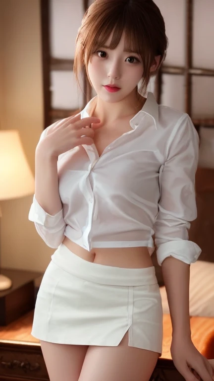 ((Highest quality, 8k, masterpiece :1.3)), Sharp focus :1.2, Beautiful woman with perfect figure :1.4, Slim Abs :1.2, ((Dark brown hair,chest :1.2)), (White long formal shirt)(Fasten shirt buttons.), Gray background:1.2, Highly detailed face and skin texture, Fine grain, double eyelid,Fashion model posing,Cowboy Shot,White pants,Cast a Shadow,