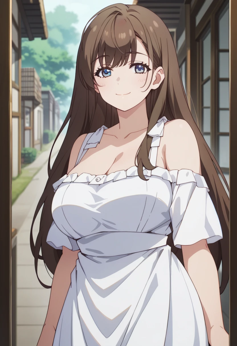 (best quality,8k,high-resolution,masterpiece:1.2),ultra-detailed, anime art style, dynamic angle, detailed brown hair, detailed eyes,wiz,1 girl, solo, adult style, large breasts, smiling, soft expression, long hair, ahoge, side lock, hair covering one eye,(western style party dress, party venue:1.3)