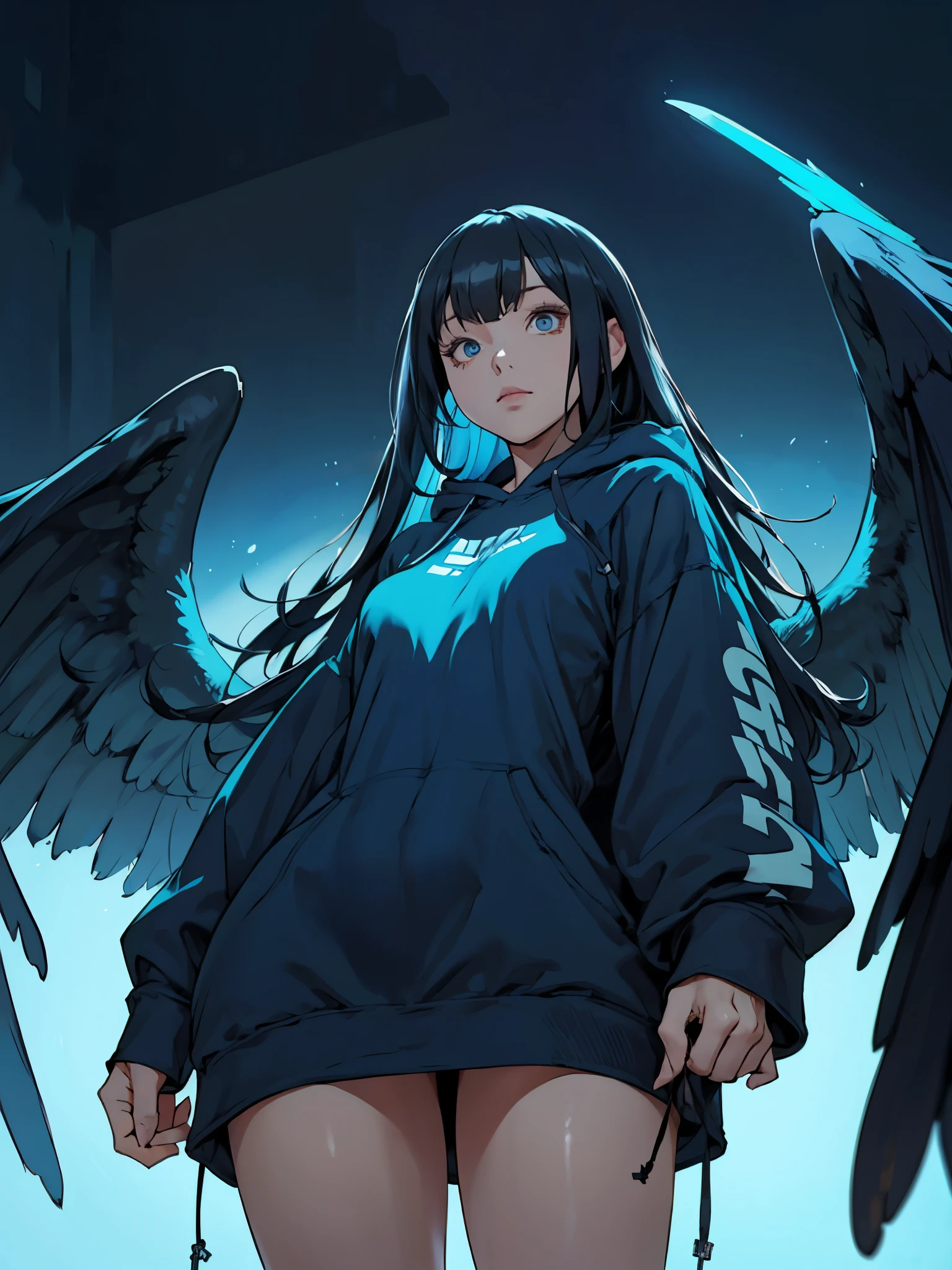girl, from below, body-fit hoodie-minidress, long sleeves, glowing blue torso, long hair, straight hair, bangs, black hair, black small wings, dark blue atmosphere,