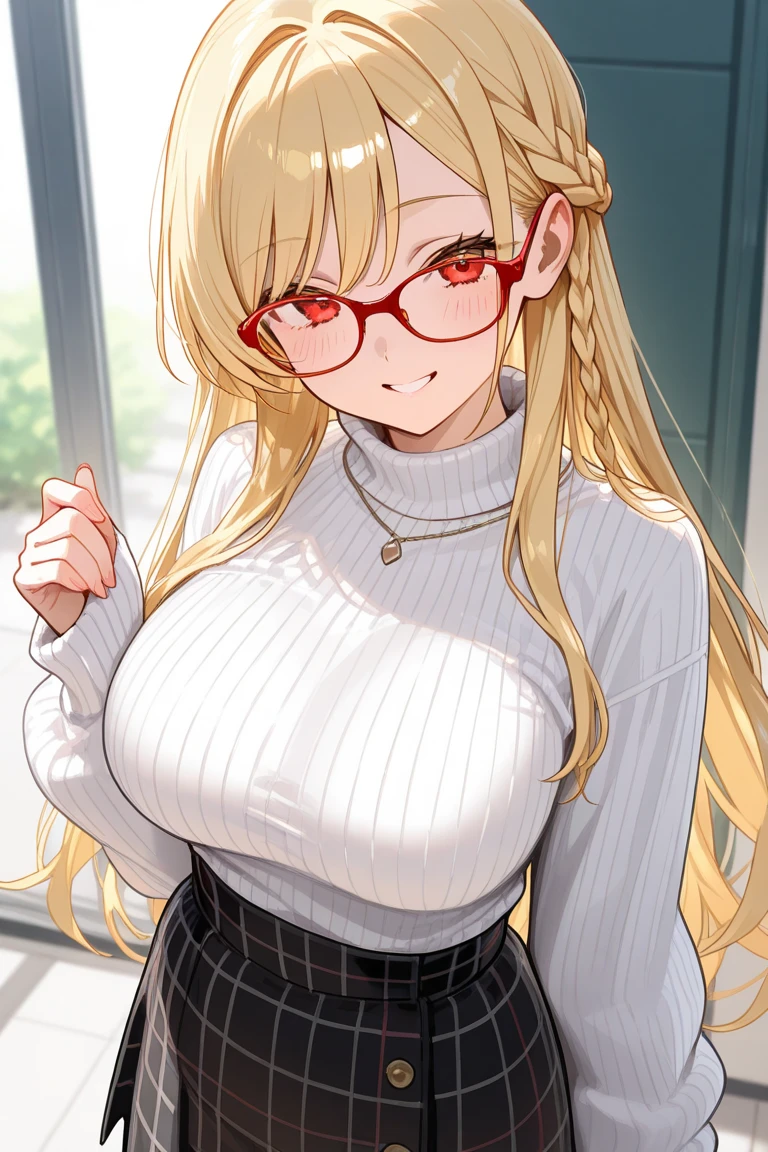 High resolution, Very detailed, perfect lighting, beautiful detailed eyes, ((masterpiece,Best Quality)), absurdities, alone, princess zelda, by the width, crown braid, Hair clip, pointy ears, Tight red shirt, Gloves without fingers, black gloves, short tight black skirt, smile, curves, nod, , deep neckline, deep neckline, NSFW, visible nipples, visible nipples , touching his chest in a sexy way, touching his chest in a sexy way, sexy secretary dress, sexy secretary dress, Primer plano frontal, glasses, looking forward