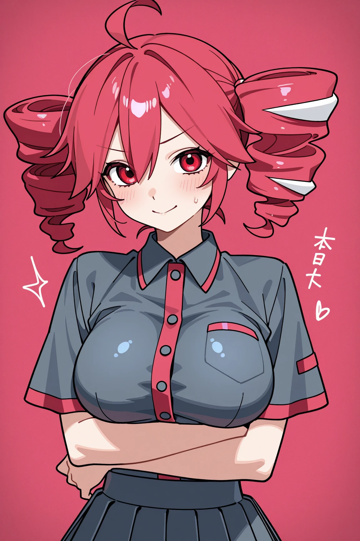 Girls of short stature、Pink hair in twin tails、Looks like an elementary school student、Big breasts and thick thighs、Yellow shirt and bare belly button look、Wearing a familiar red skirt