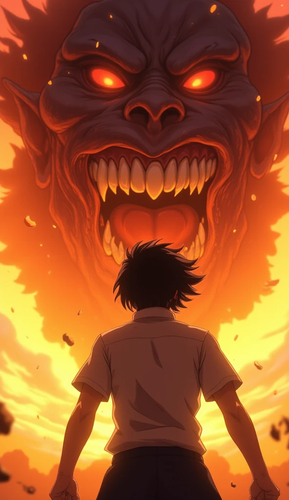 boy、High 、An illustration、Red scary devil behind、Has a creature box、end、The background is ruins