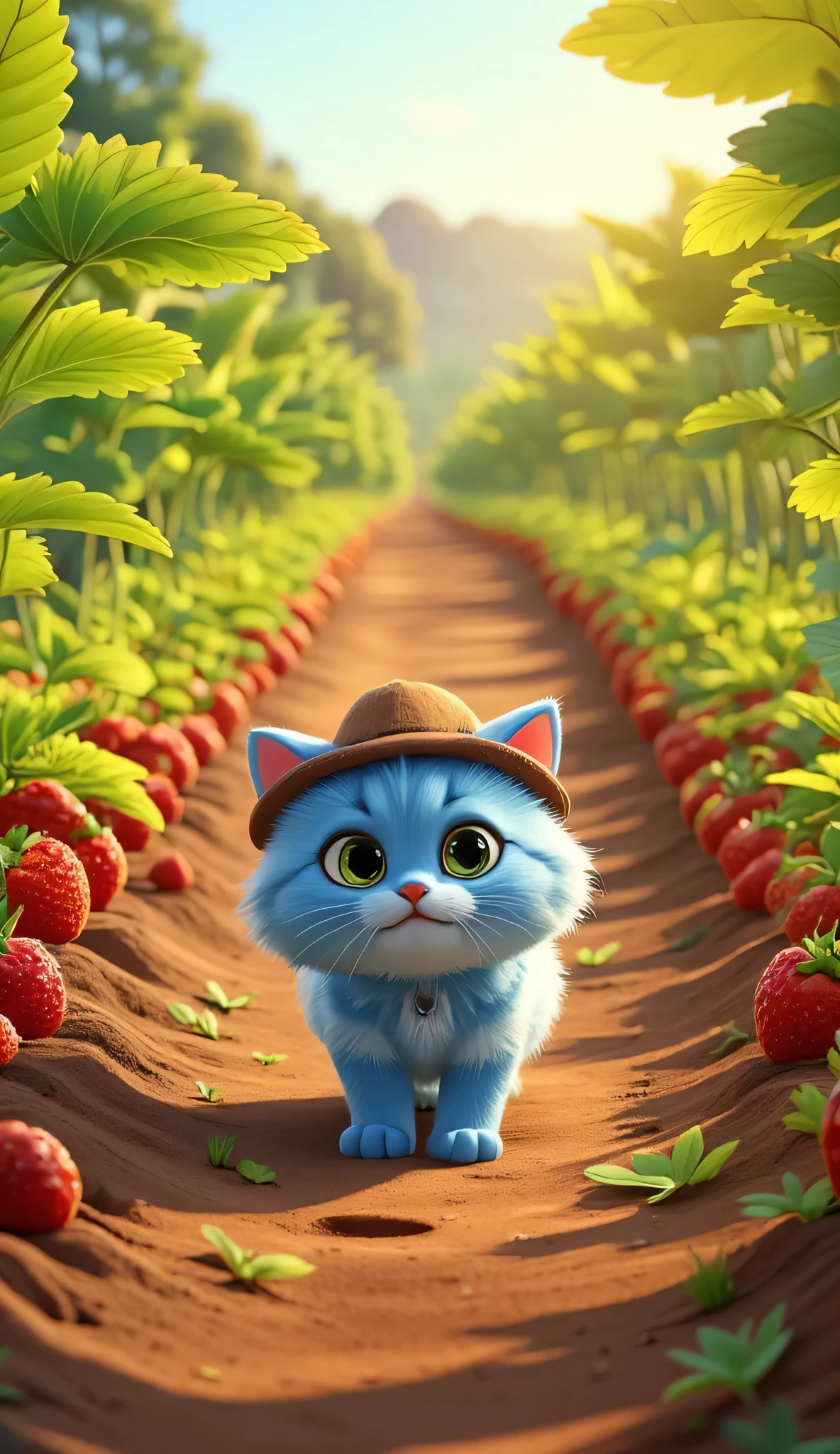 A vibrant 3D-rendered scene in the style of "CARTOON AKG". A lush strawberry field stretches across the landscape, filled with bright green leaves and ripe red strawberries. The ground is packed dirt, textured with small footprints and natural imperfections. A cute, fluffy blue cat wearing a small adventurer’s hat walks confidently along the path, its expressive eyes filled with curiosity. The warm sunlight bathes the scene, casting soft shadows and highlighting the rich colors. The atmosphere is lively and cinematic, blending realism with a stylized cartoon aesthetic.