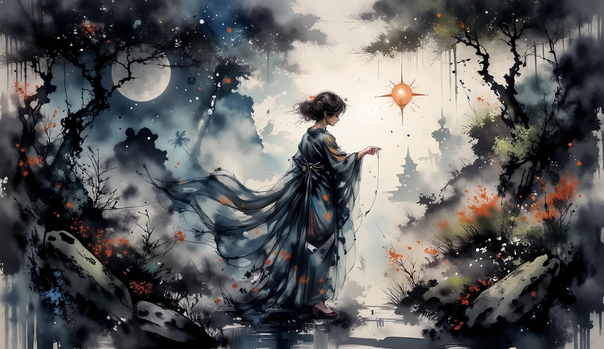 elegante, flowing curly hair, celestial-themed gown with stars and gradient of blues e ouro, fabric ornamented with intricate patterns, , golden brooch accessories, holding a golden string, pose standing with the body slightly turned, serene and majestic environment, holding a suspended star, space themed background with stars and planets, rich and deep color palette with an emphasis on blue, Purple Shoes, e ouro, mystical and ethereal atmosphere