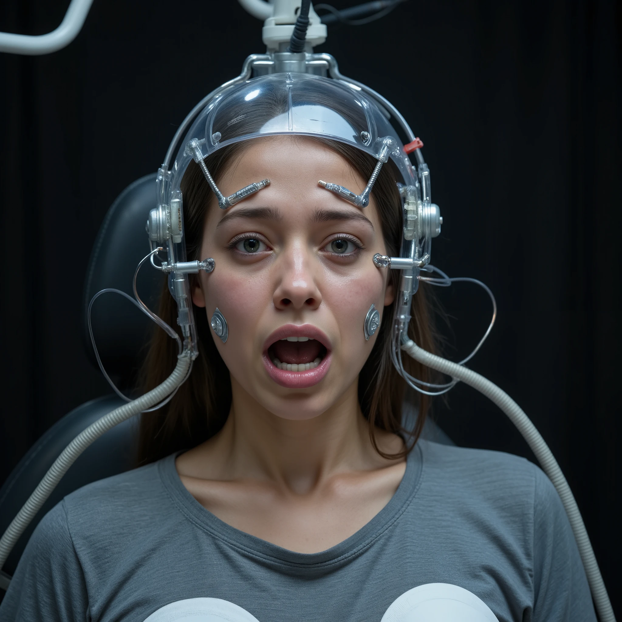 Masterpiece alien abduction and braincontrol photo, photorealistic close up portrait of a young (((fullbreasted))) extremely tortured peruvian girl (((((((maximum painful expression, mortal fear and panic, extremely horrified distorted face, open mouth, clenched jaw, painful distorted closed eyes, frown, tears running over face))))))), (((((far advanced technology clear transparent EEG-helmet and transparent plastic robotic electroshock headgear with integrated big metal electrodes, big plugs and thick electric cables in a brutal futuristic style))))), sitting in dentist's chair, ((((bright lighted by white spotlight from an surgical lamp)))), (((((enormous huge round breasts completely covered by tight tshirt))))), dark laboratory background, (((hyper detailed))), UHD, 32K