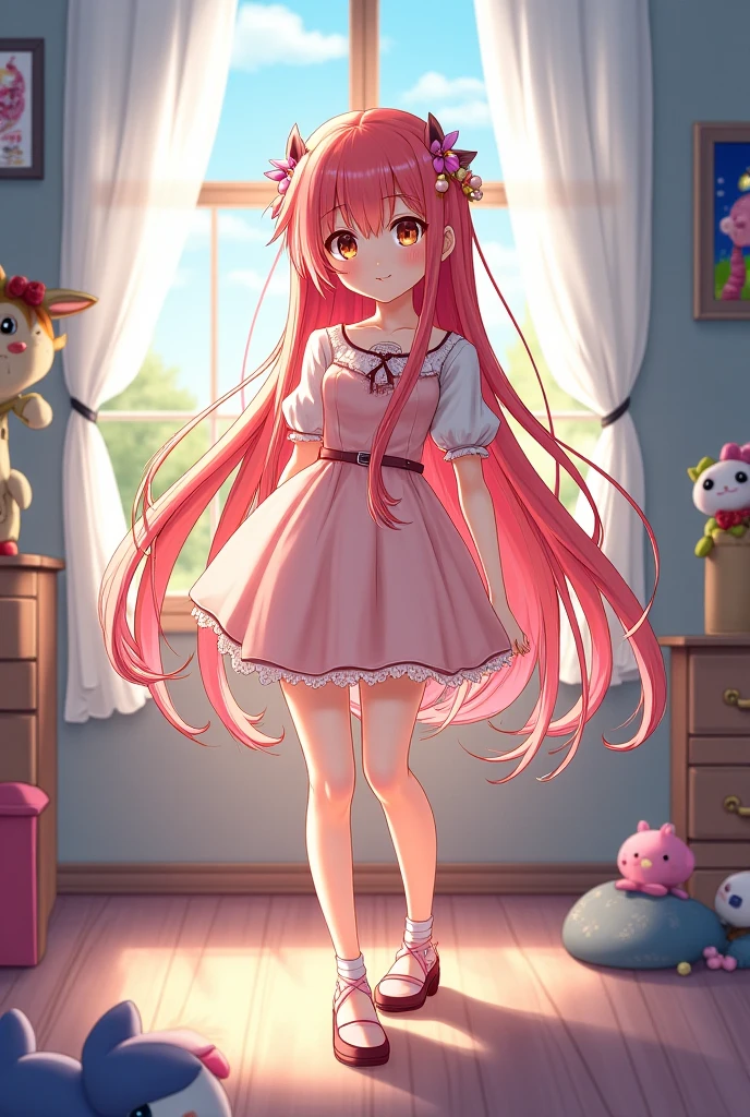Anime girl stepping on a baby without mercy, blood on the ground, blood on your clothes, cute clothes, with a disgusted expression on his face and in his room, she is 18, Her hair is pink, LONG HAIR and BLUE EYES