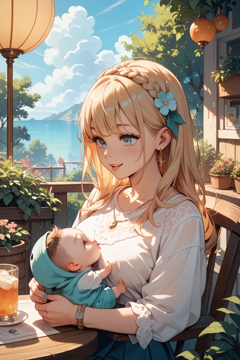 A woman with grey hair, Sitting under a large awning, in her arms she holds her daughter who is breastfeeding from her breast in anime.