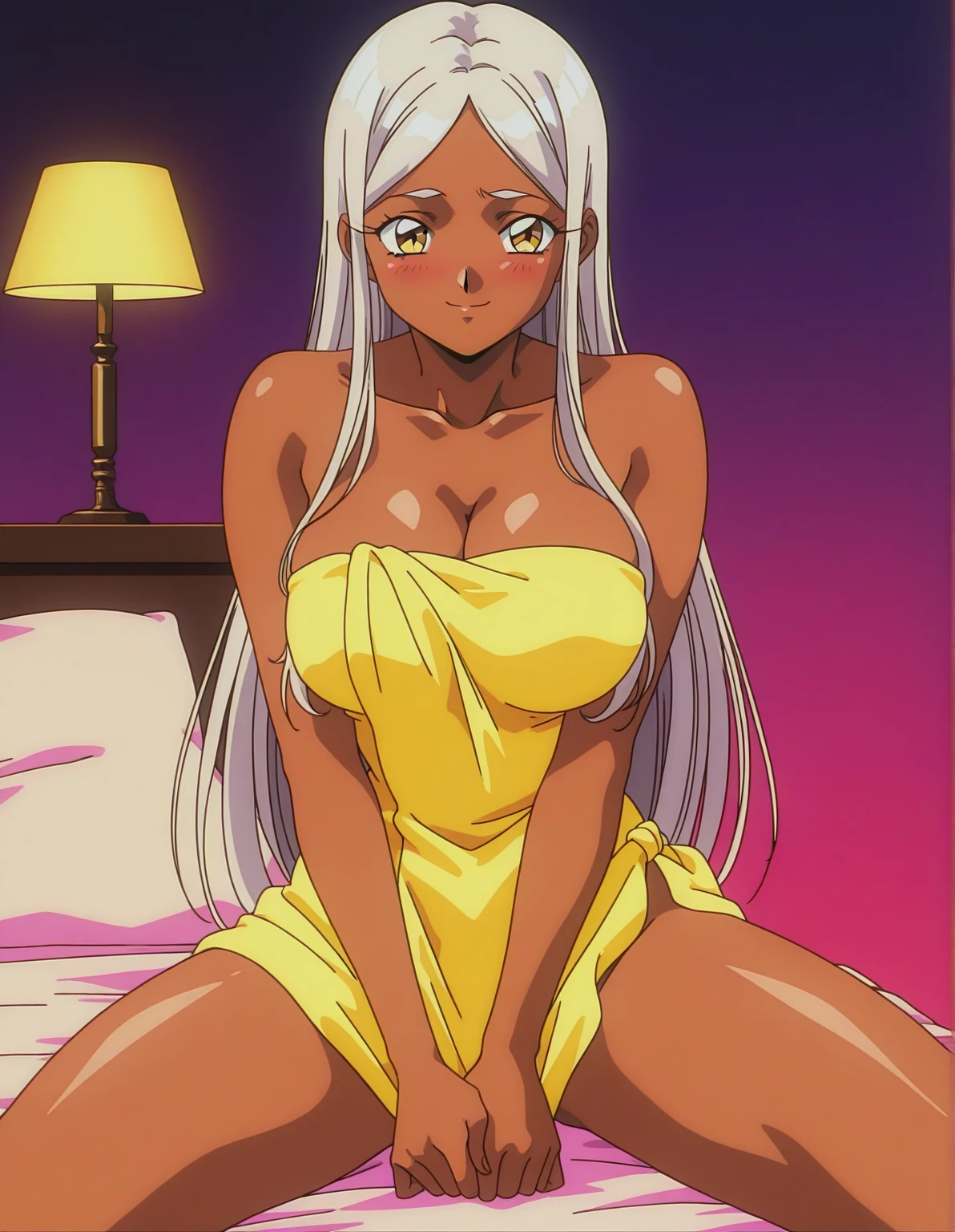 Ghibli art style, A very cute Ethiopian wearing nothing,  on, , , , very large breast, sitting on the bed, legs open, arms raised above her head in a seductive pose, ((wearing : 1.5)), (((Huge breast :1.3, and droopy breast:1.5)))