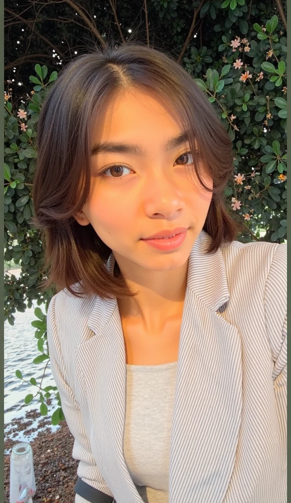 (melhor qualidade, 8k, 32K, obra de arte, Ultra HD:1.2),Foto de uma linda mulher japonesa, seios grandes, cabelo bob muito curto,tronco,(superdimensionado_sweater,:1.1) colar, fundo simples, olhando ao redor