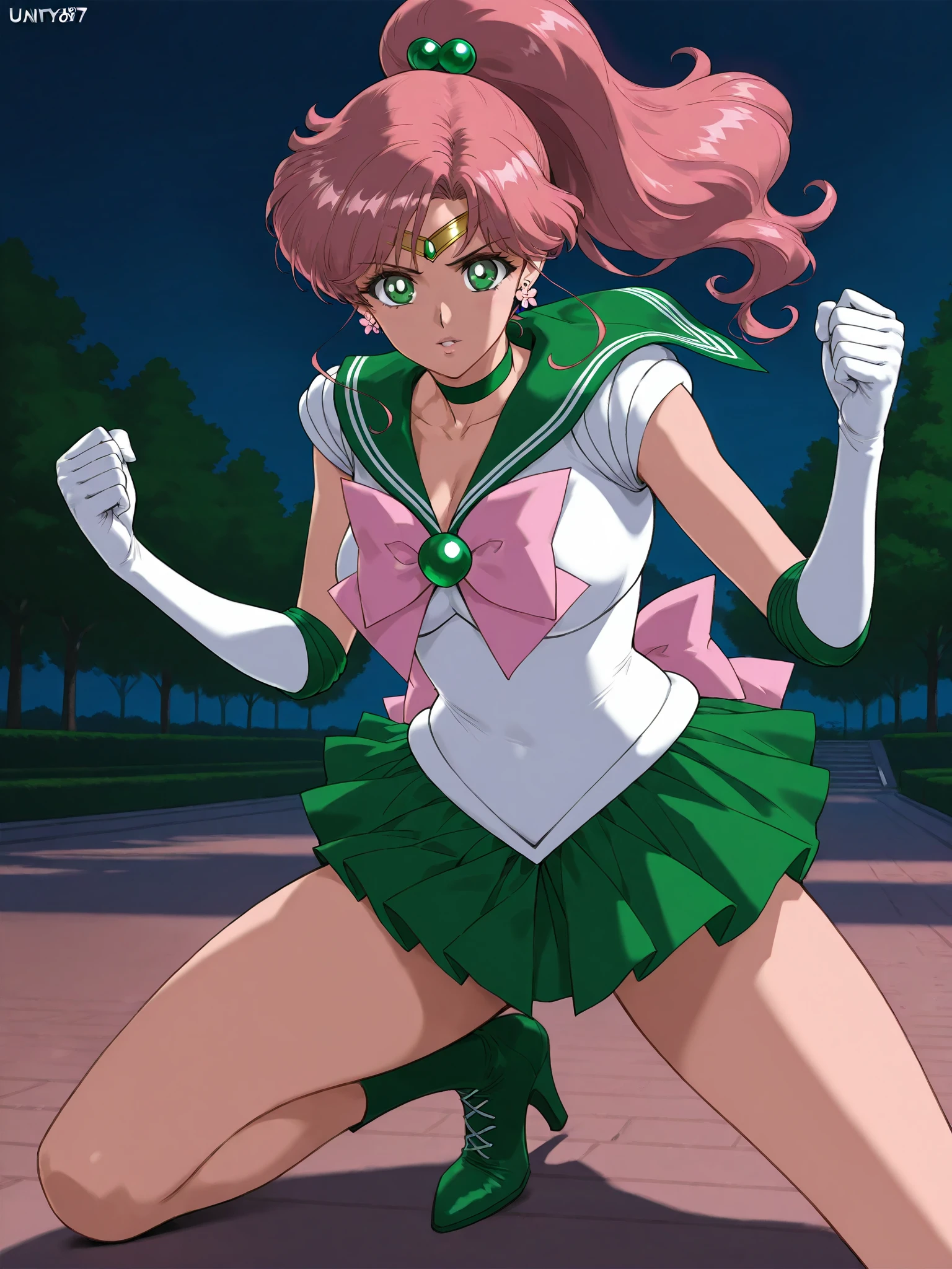 masterpiece, best quality, absurdres, perfect antomy, 1girl, solo, SMMoon, 1990s \(style\), sailor chibi moon pink hair, pink pupils eyes, climbing the stairs up, close-up, smile, cowboy shot, sailor senshi uniform pink, pink sailor collar, Pink pleated skirt, elbow gloves, in back pose, show her booty, backwards, no thong on big booty, full body, aausagi, close-up booty